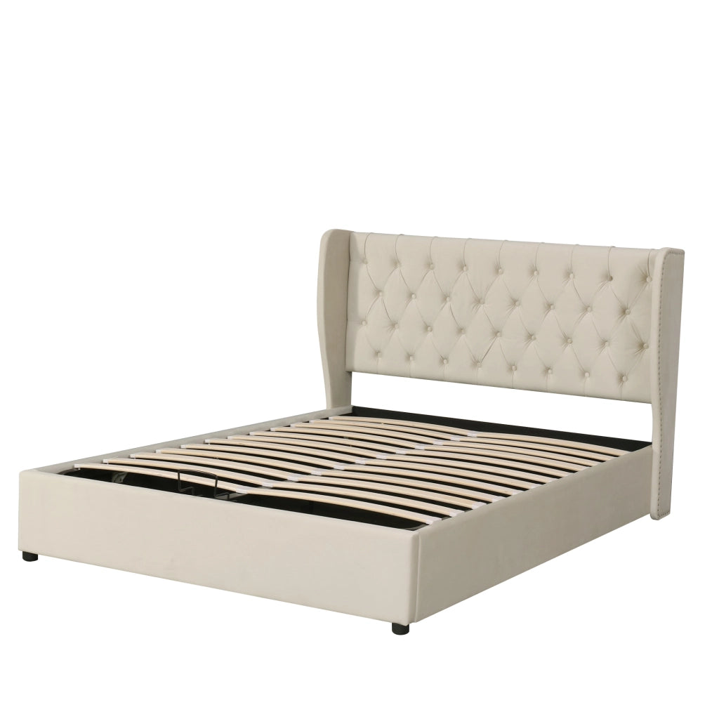 Letto matrimoniale imbottito 140x200 cm in velluto grigio; stile Chesterfield con contenitore e rete