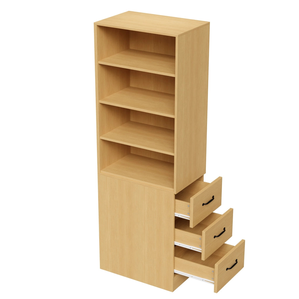 Libreria alta slim 180 cm con cassetti laterali, ripiani regolabili, colore rovere, per spazi piccoli