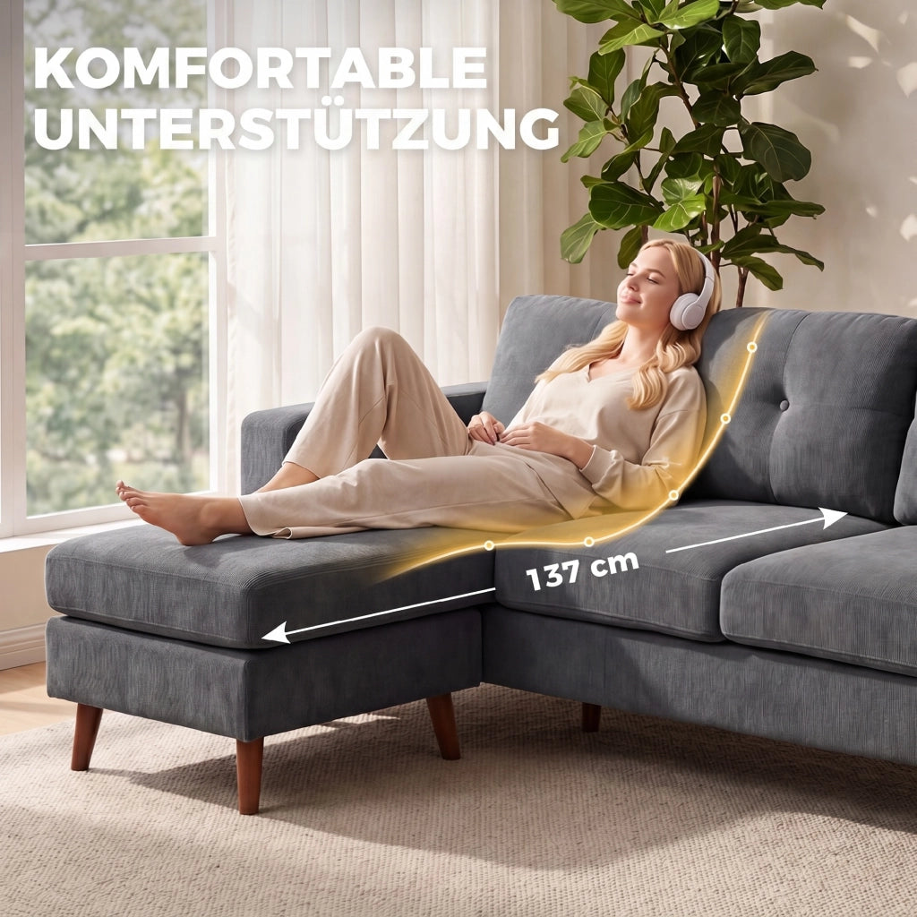 Divano angolare 3 posti con chaise longue reversibile ¨C zephmum ¨C Tessuto corda, grigio scuro, 192 cm