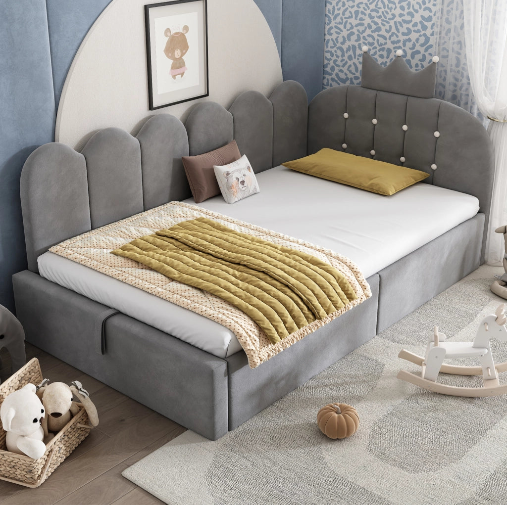 Letto singolo imbottito in velluto grigio 90x200 cm