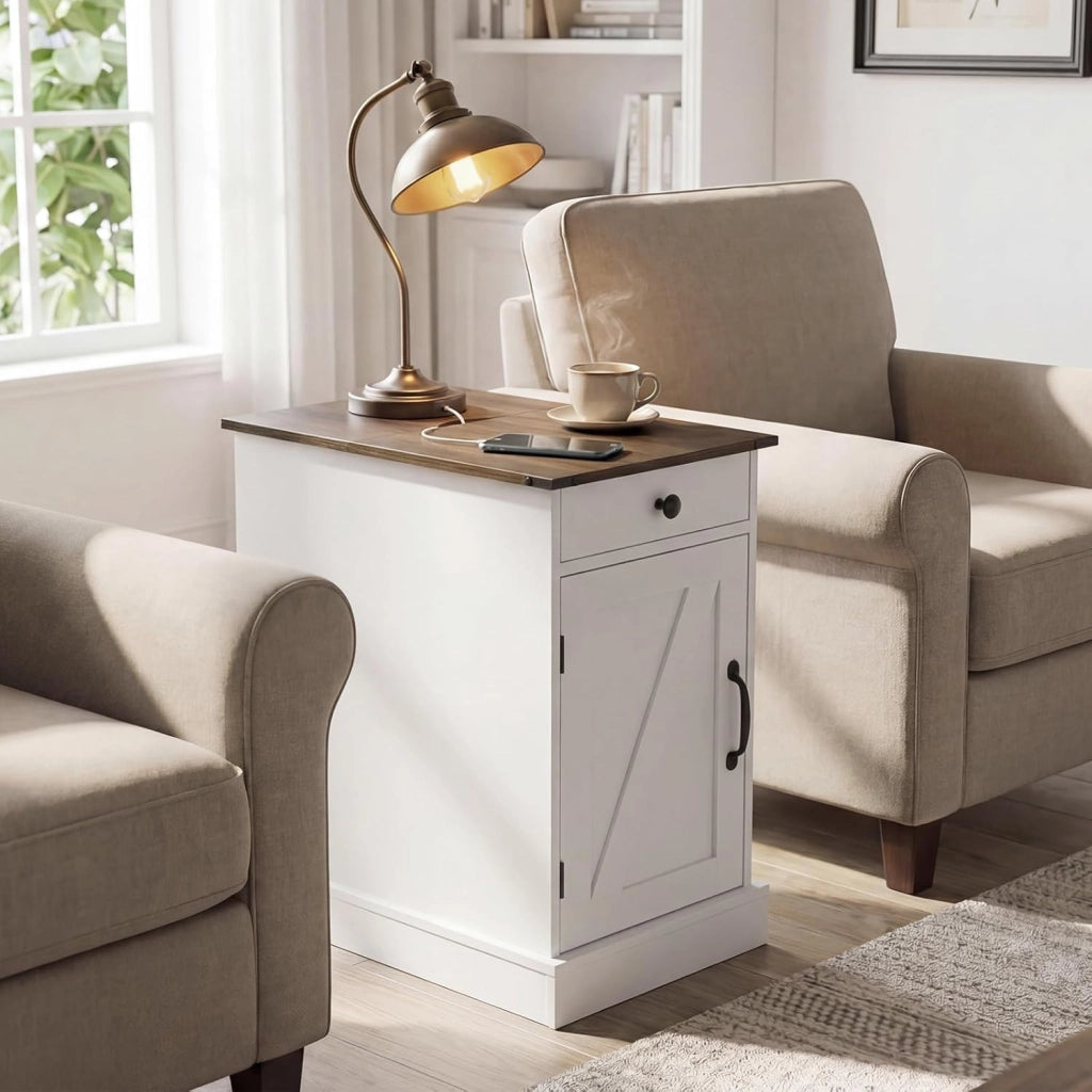 Tavolino da Salotto, Tavolino con Stazione di Ricarica, Coperchio a Ribalta, Cassetto, Vassoio Rimovibile e Armadio, Mobile Versatile in Legno da Letto e Divano (Bianco)