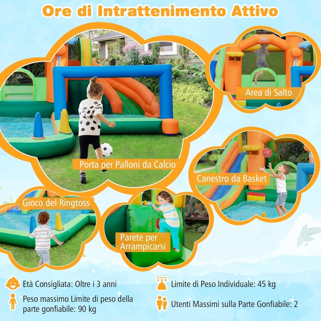 Castello Gonfiabile per bambini, Casa Gonfiabile con Scivolo, Area per Saltare, Piscina, con Borsa di Trasporto e Kit di Riparazione, per Bambini di 3-12 Anni (Senza Soffiatore)