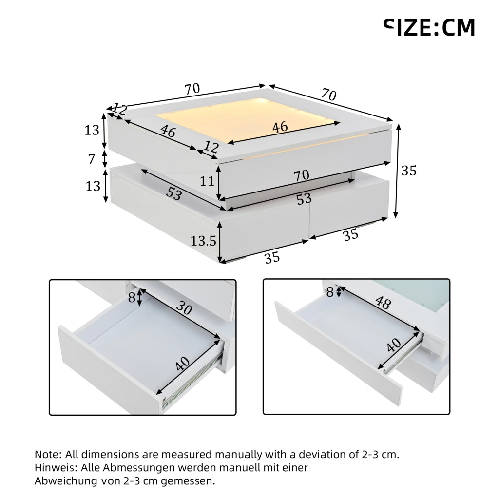 Tavolino da salotto quadrato con 3 cassetti e LED USB; piano in vetro; finitura lucida; per soggiorno; bianco; 70 × 70 × 35 cm