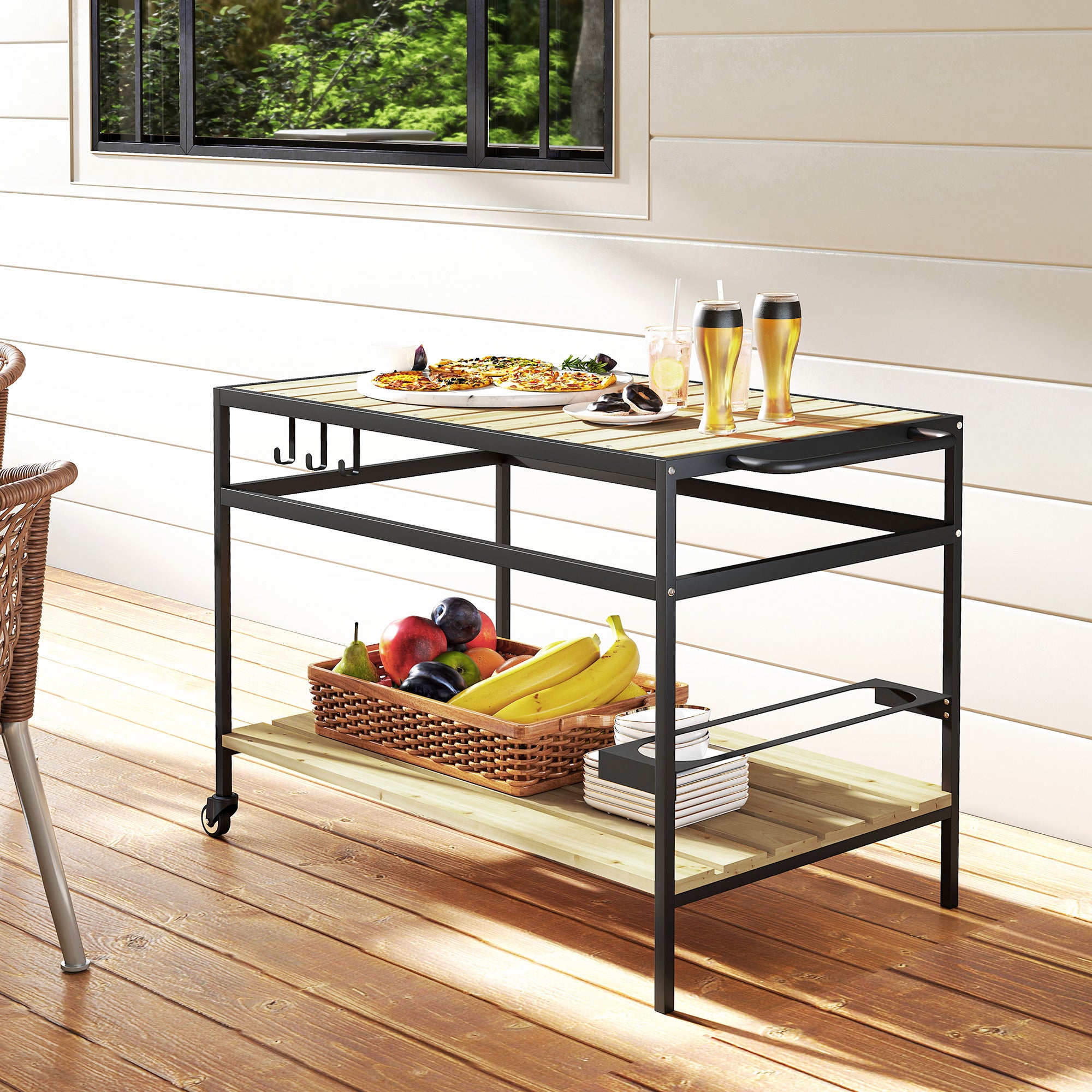 Carrello Portavivande da Giardino 107x65x80 cm Ripiano e Maniglia in Legno a Doghe e Acciaio