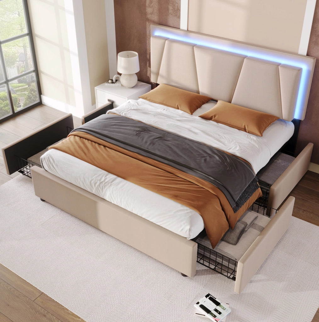 Letto contenitore 140x200 cm con LED; testiera regolabile e 4 cassetti; beige