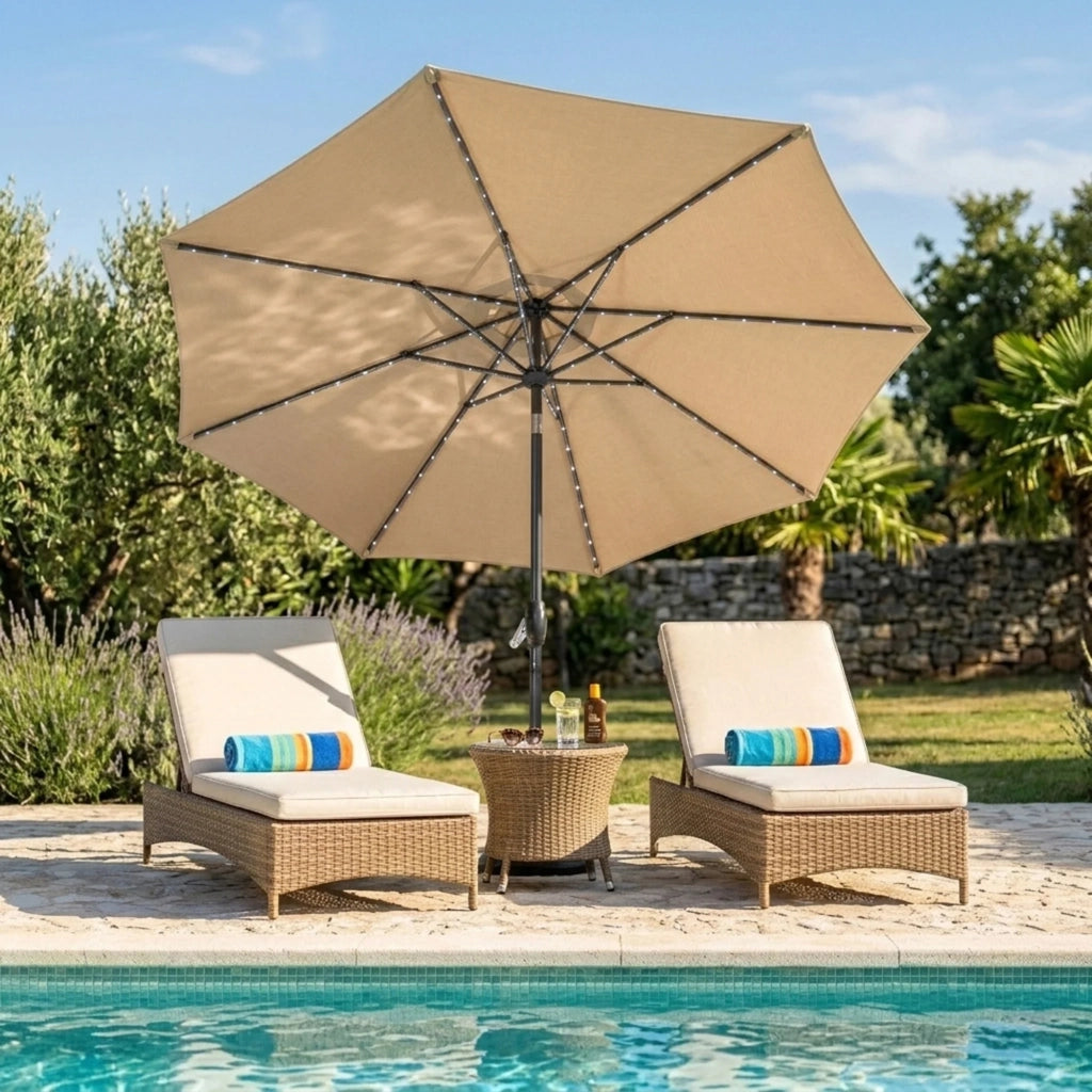 Ombrellone LED Inclinabile 2,7m Beige da Giardino con Luci Solari