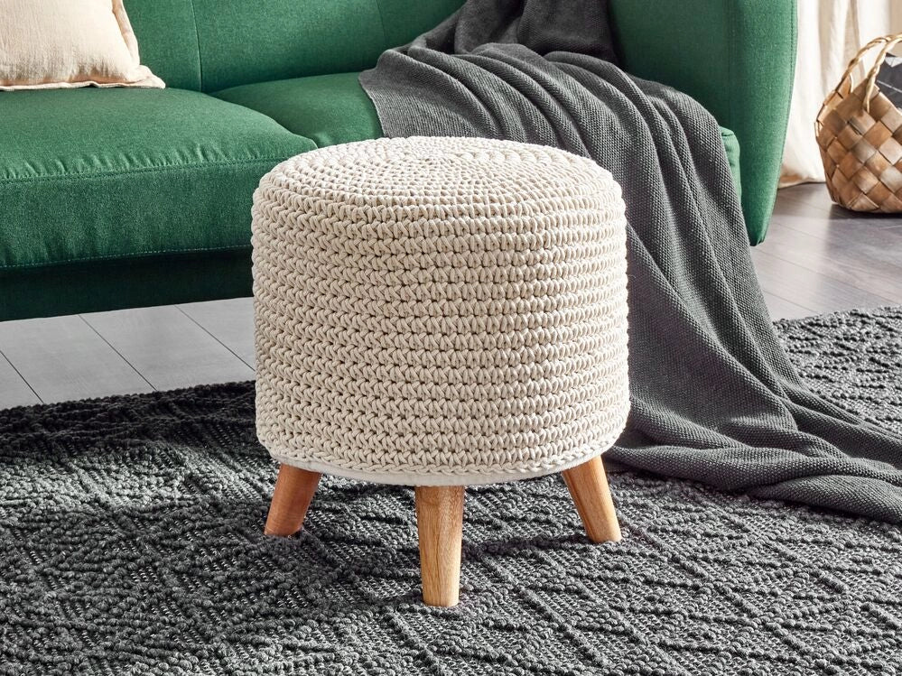Sgabello cotone macramè beige e legno chiaro 40 cm fatto a mano boho camera da letto soggiorno cameretta