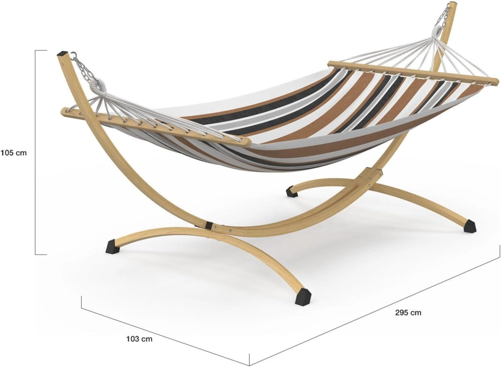 Amaca XL con supporto in metallo effetto legno e tessuto a righe nere, bianche e cioccolato