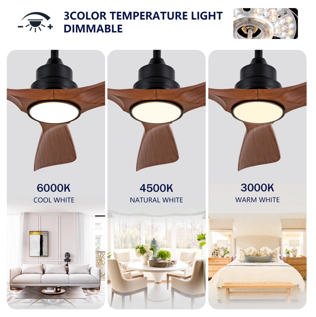 Ventilatore da soffitto 42" con luce LED dimmerabile e telecomando, motore DC silenzioso, pale ABS color noce, per interni ed esterni