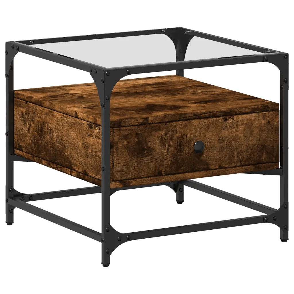 Tavolino da salotto | Tavolino da caff¨¨ | Tavolino da Soggiorno con Piano in Vetro Rovere Fumo 50x50x45 cm Acciaio