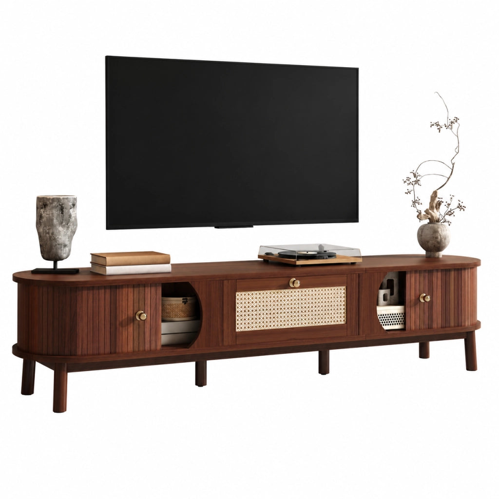 Mobile TV 170x38x39.5 cm; ante scorrevoli e cassetti; truciolare e rattan naturale