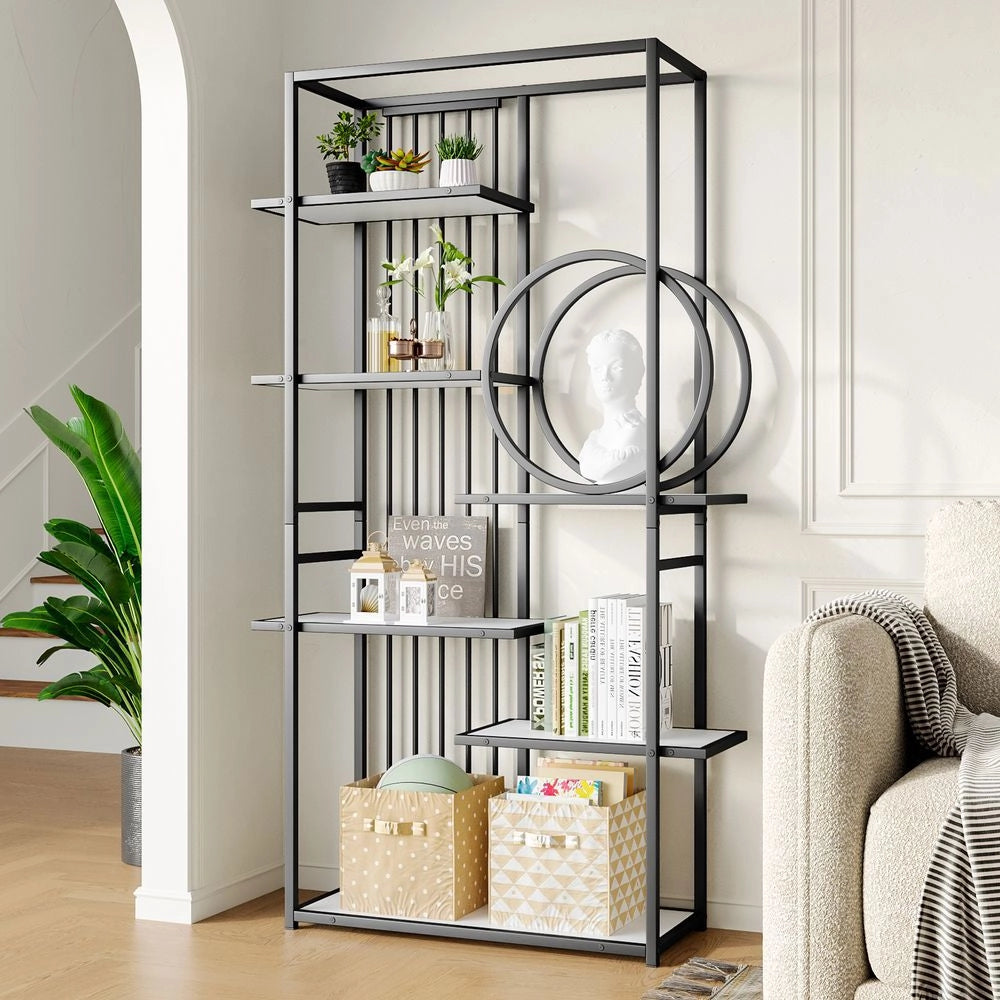 Scaffale metallico moderno - Xylo - 100x30x180 cm - Bianco e nero - Struttura geometrica a pi?? livelli