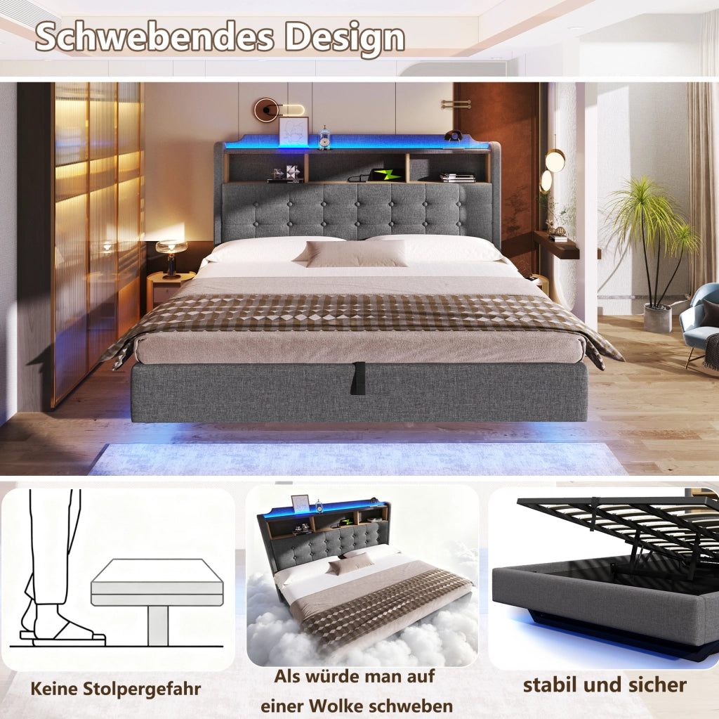 Letto imbottito 180x200 cm con LED, contenitore idraulico e porte USB