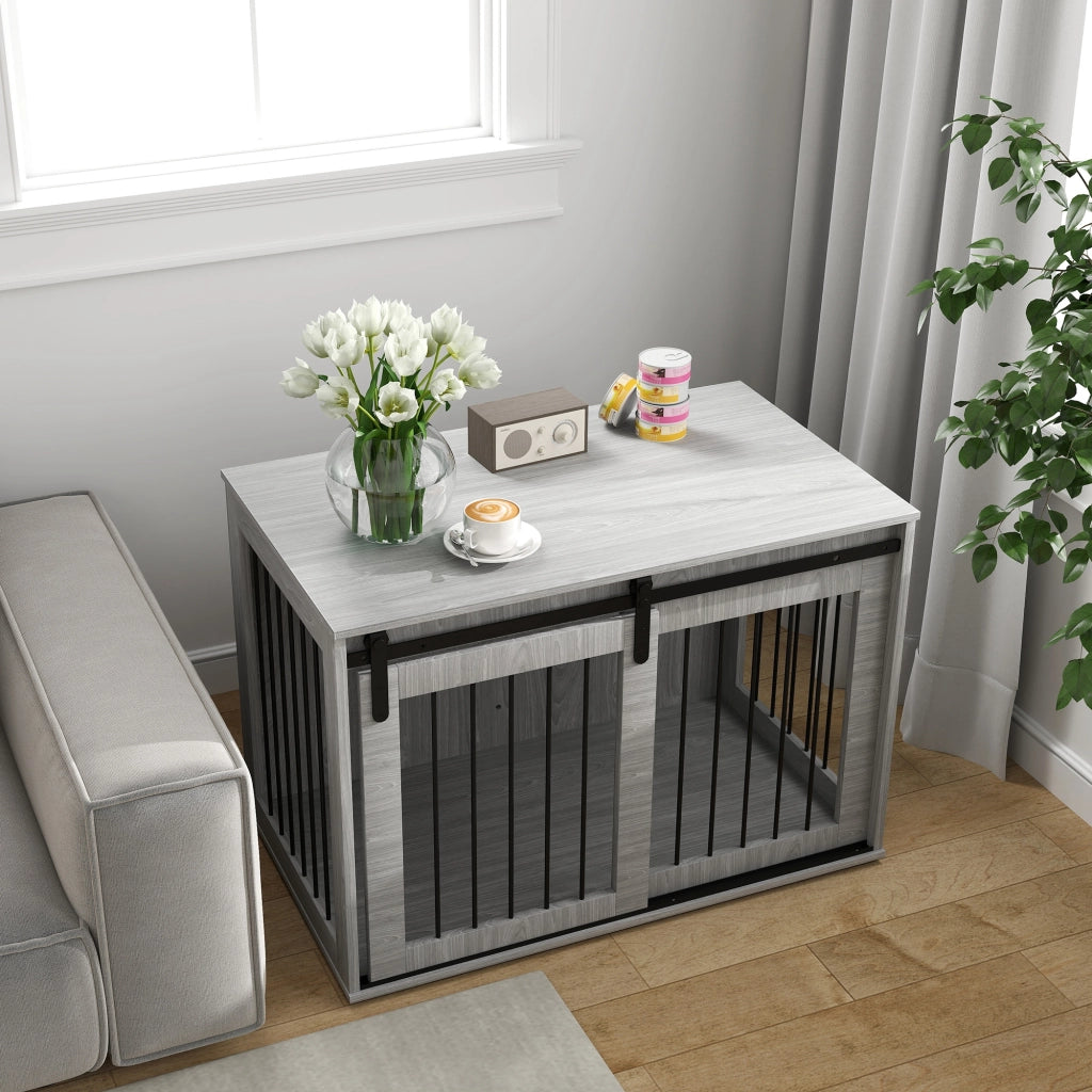 Casetta per cani con porta scorrevole e ventilazione ¨C zephmum ¨C Grigio, pannello truciolare e acciaio, 98x58x61 cm