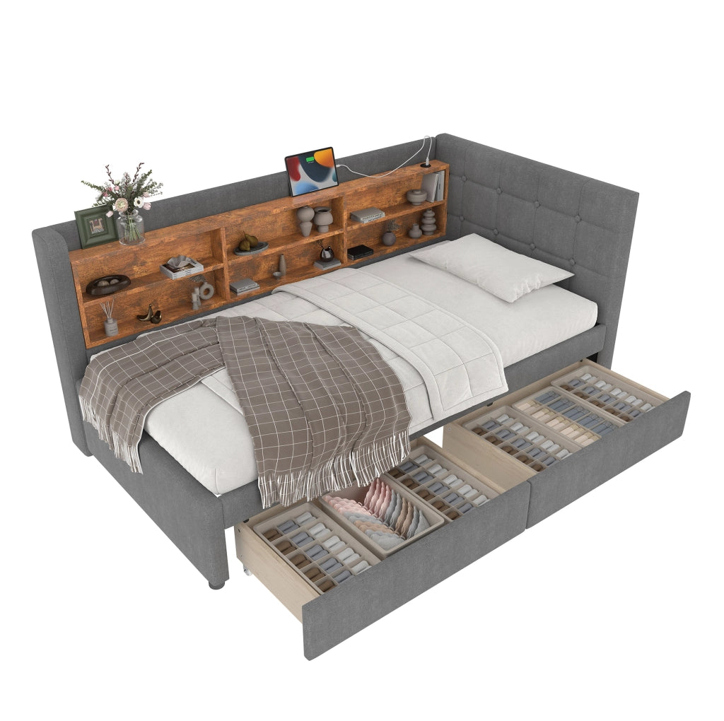 Letto da giorno 90x200 cm in lino grigio con 2 cassetti; USB e Type-C