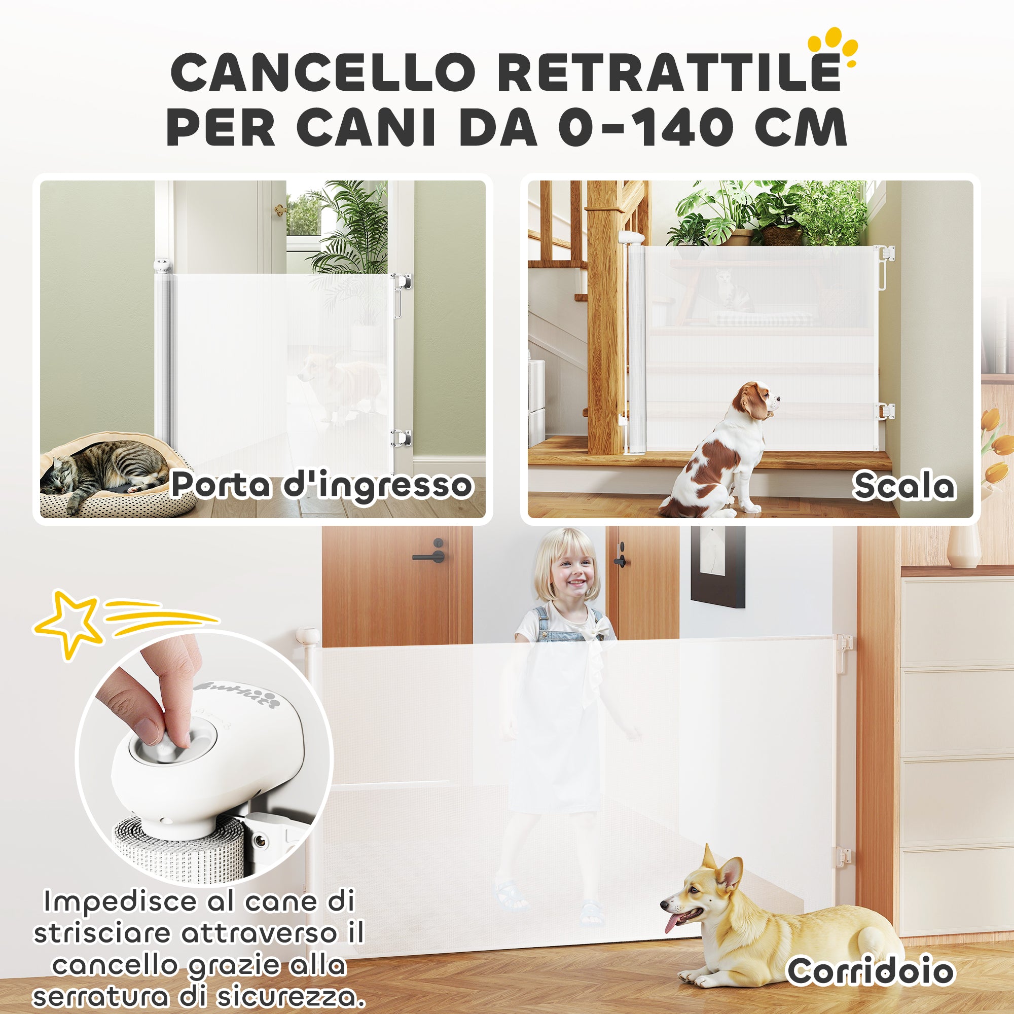 Cancellino per Cani Regolabile per Cani Piccoli Estensibile e Retrattile 0-140x86,5 cm Bianco