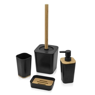 Set bagno dispenser e portaspazzolino nero opaco con dettagli in bambù