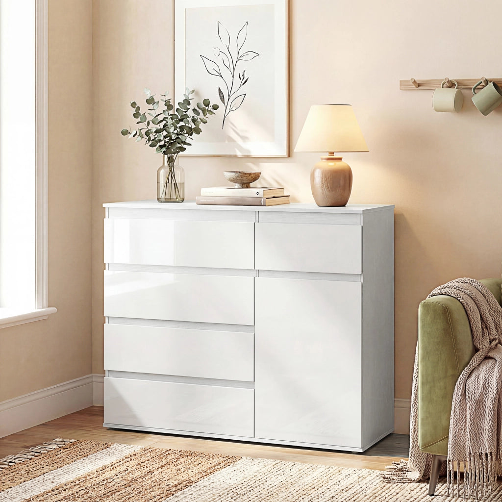 Credenza con 5 Cassetti, Ripiano Regolabile ¨C zephmum ¨C Bianco Lucido