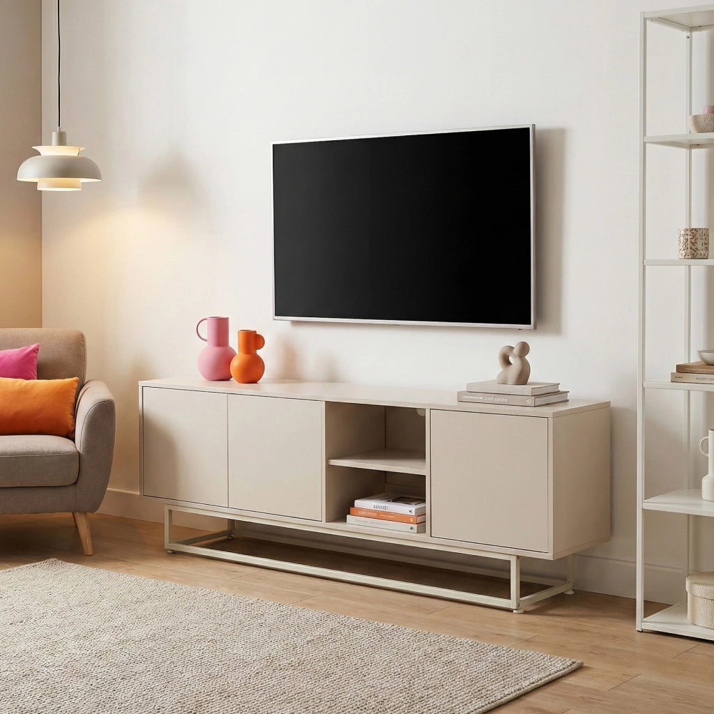Armadietto Boxholm Credenza Bassa con 3 Ante Push-Open e 2 Vani Aperti 160x30x57 cm Avena Oatmeal [en.casa]