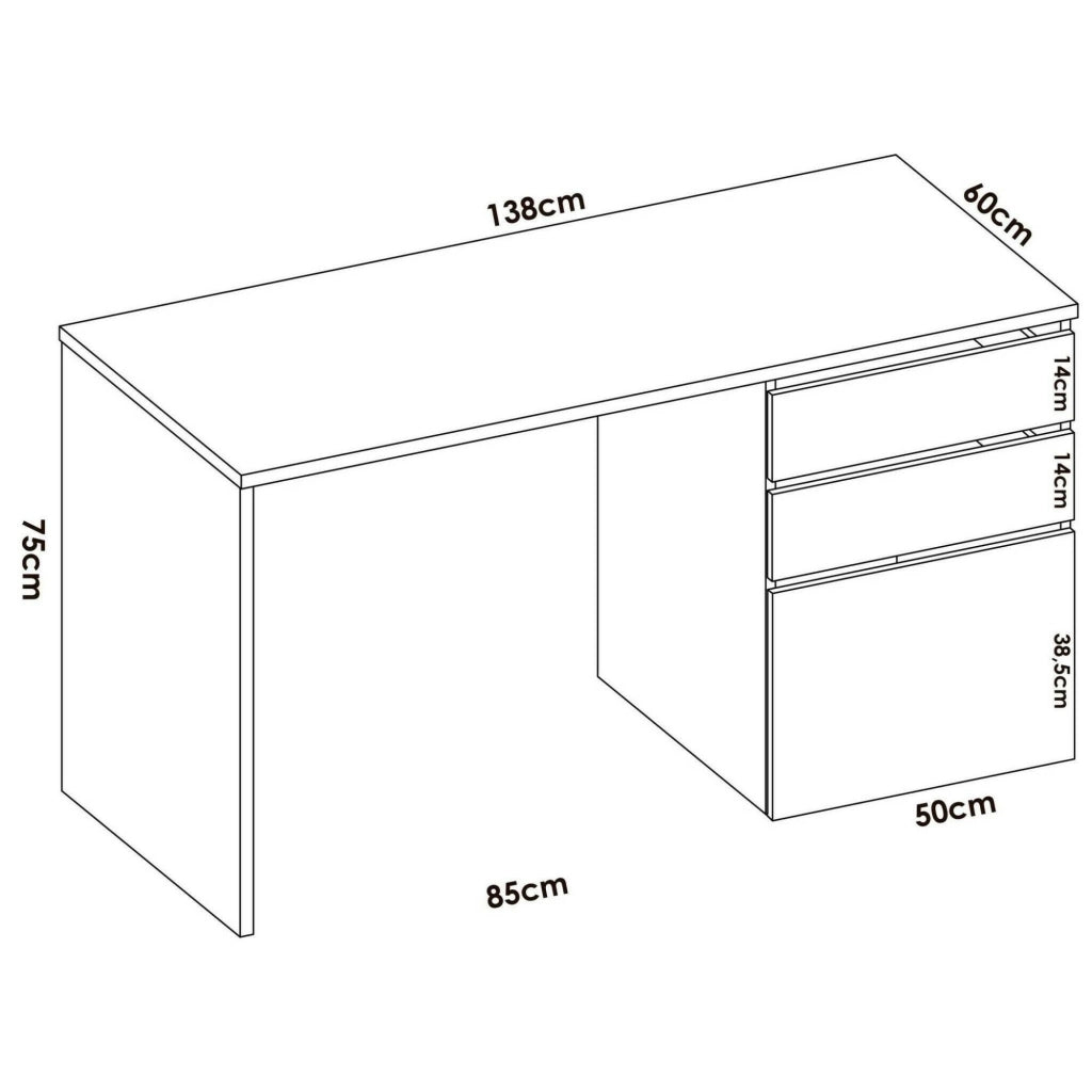 Scrivania Ardina, Scrittoio multiuso da ufficio o cameretta, Tavolo da studio lineare con 2 cassetti e 1 anta, 139x60h75 cm, Bianco