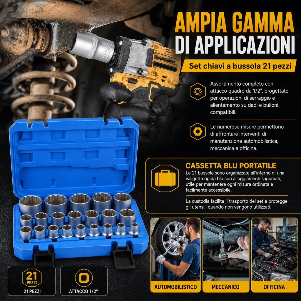 21 Chiavi a Bussola 1/2" 8-36 mm Profilo 6 e 12 Punti CR-V