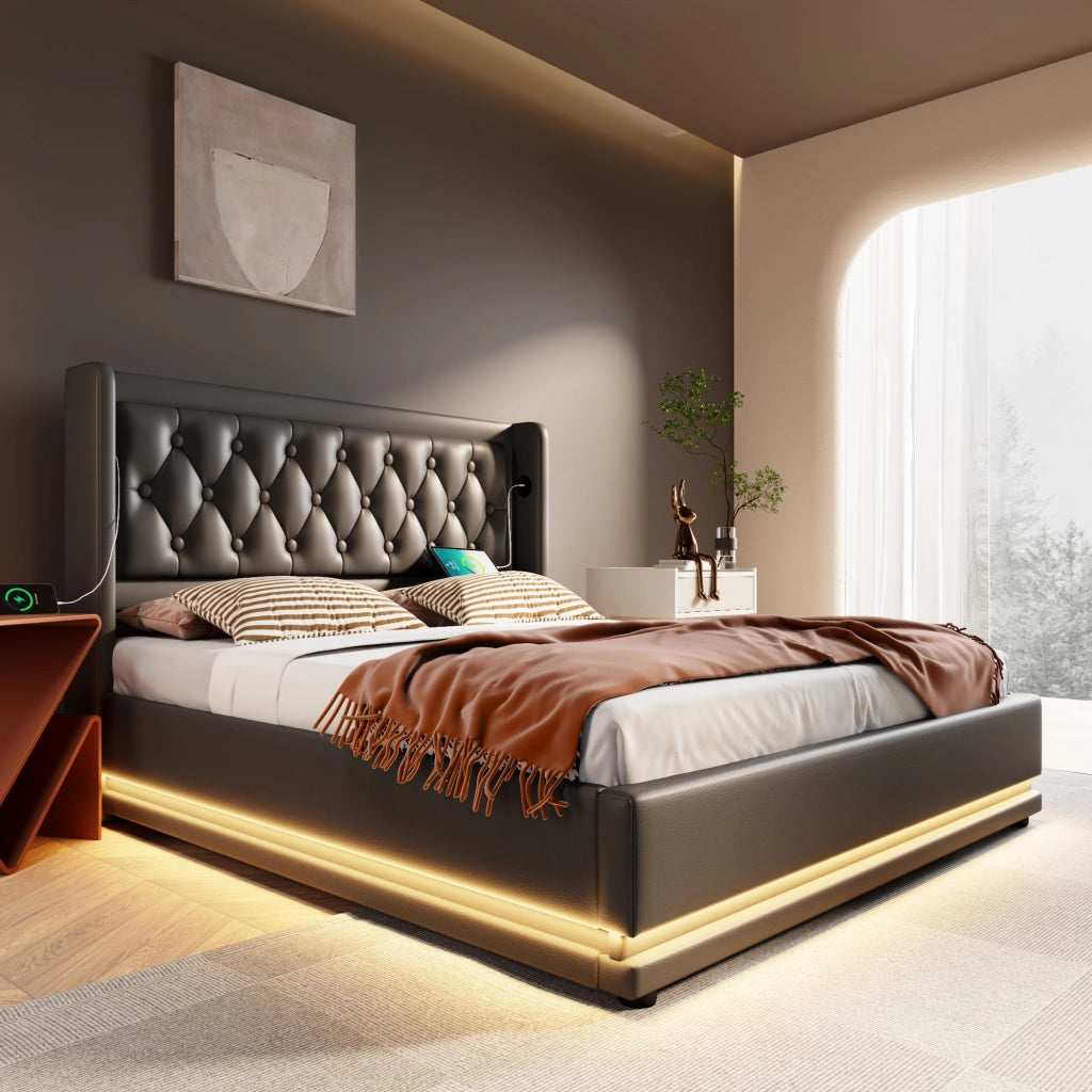 Letto Contenitore Letto Matrimoniale 160 x 200 cm con USB; Tipo C e LED; senza Materasso; PU; Nero
