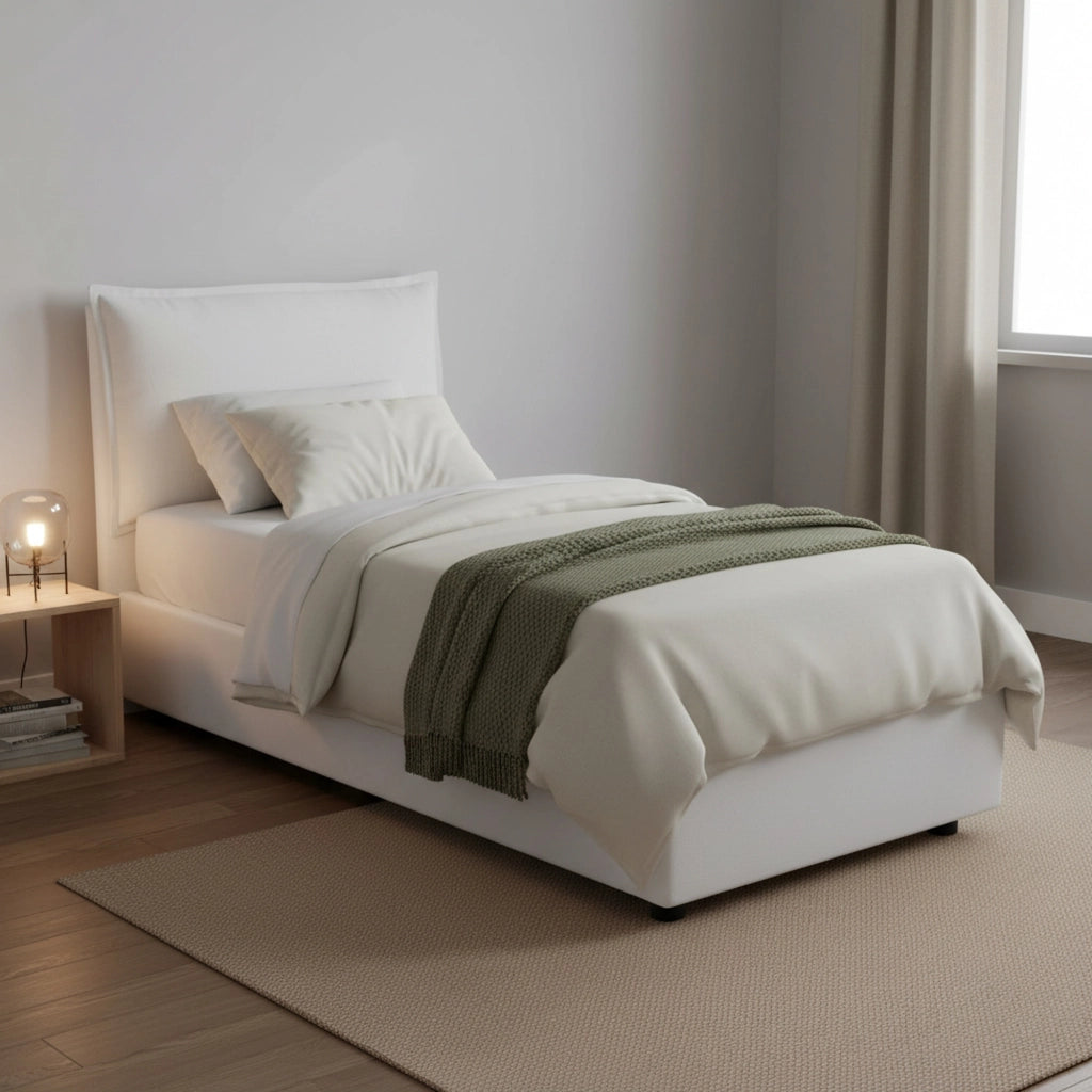 Letto singolo Armaduk, Letto contenitore con rivestimento in tessuto, Made in Italy, Apertura frontale, con materasso cm 80x190 incluso, Bianco