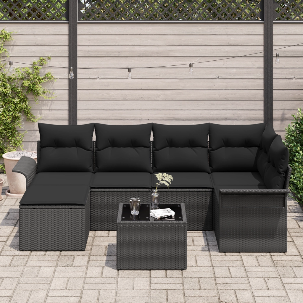 Set di divano da giardino 7 pezzi con cuscini beige in polyrattan
