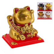 Trade Shop - Gatto Portafortuna Maneki Neko A Energia Solare Con Fila Di Monete Rame 5x6x7cm 73773 -