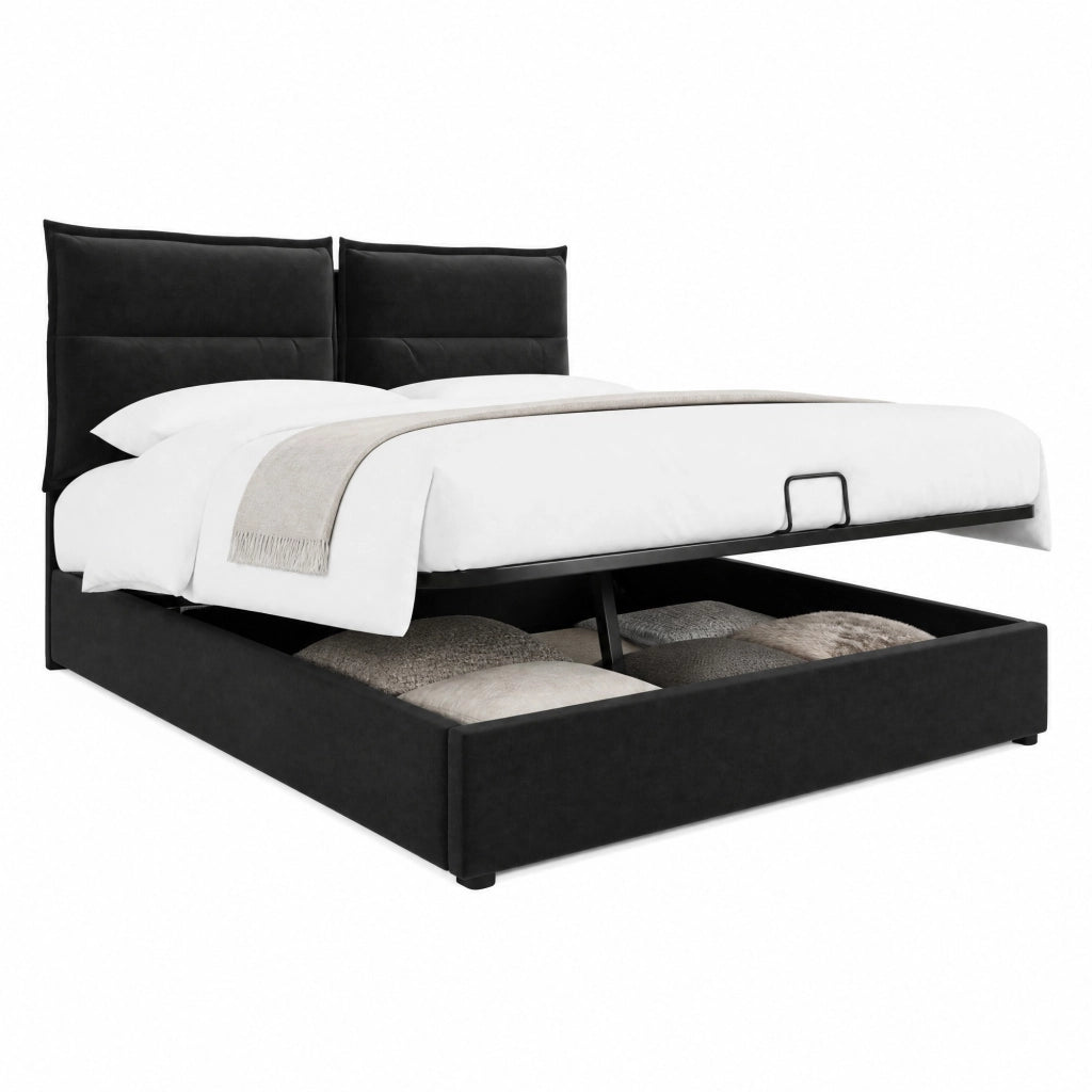 Letto matrimoniale imbottito 140x200 cm con contenitore, testiera regolabile, struttura in metallo e velluto, nero, senza materasso