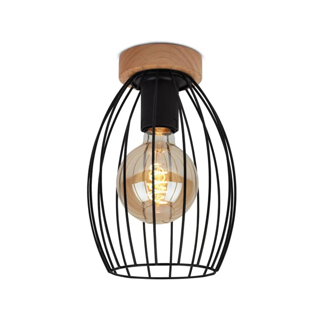 Plafoniera Vintage Industrial Waktu Metallo Nero Legno Marrone 1 Luce E27