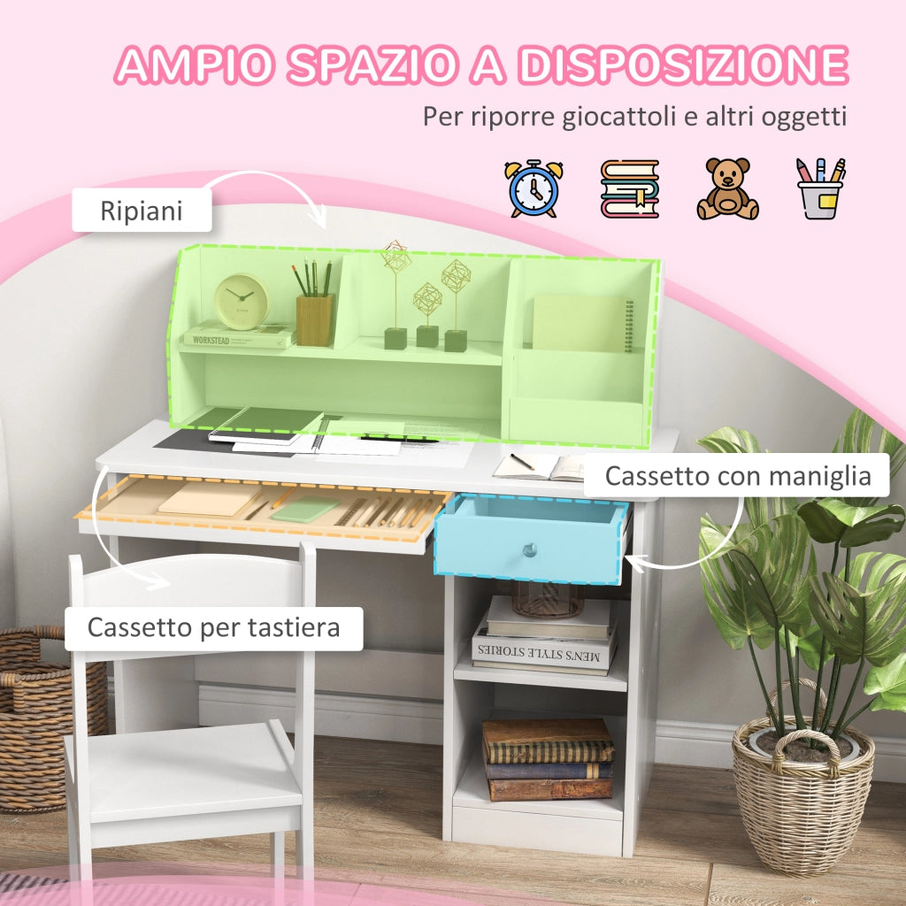 Sedia e Scrivania per Bambini ¨C zephmum ¨C Legno Bianco con Scaffale e Mensola