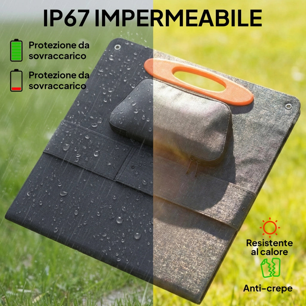 Caricabatteria Solare 100W Pieghevole con Attacco USB-A e USB-C per Ricarica Rapida IP67 Nero