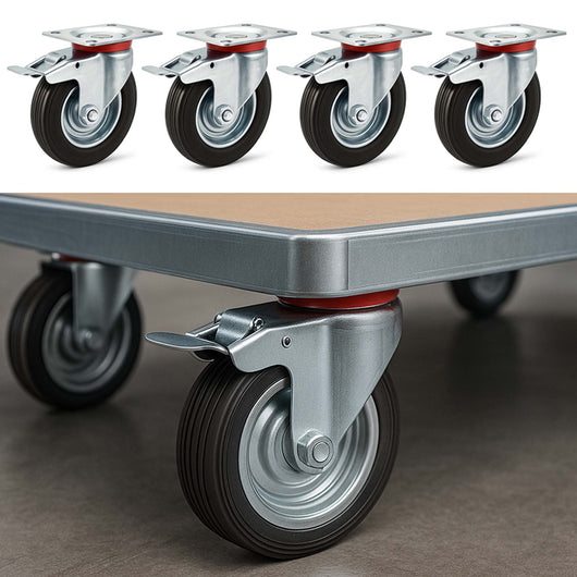 Set 4 ruote piroettanti, freno doppio blocco, Rotella 160mm max 130kg, metallo e gomma piena