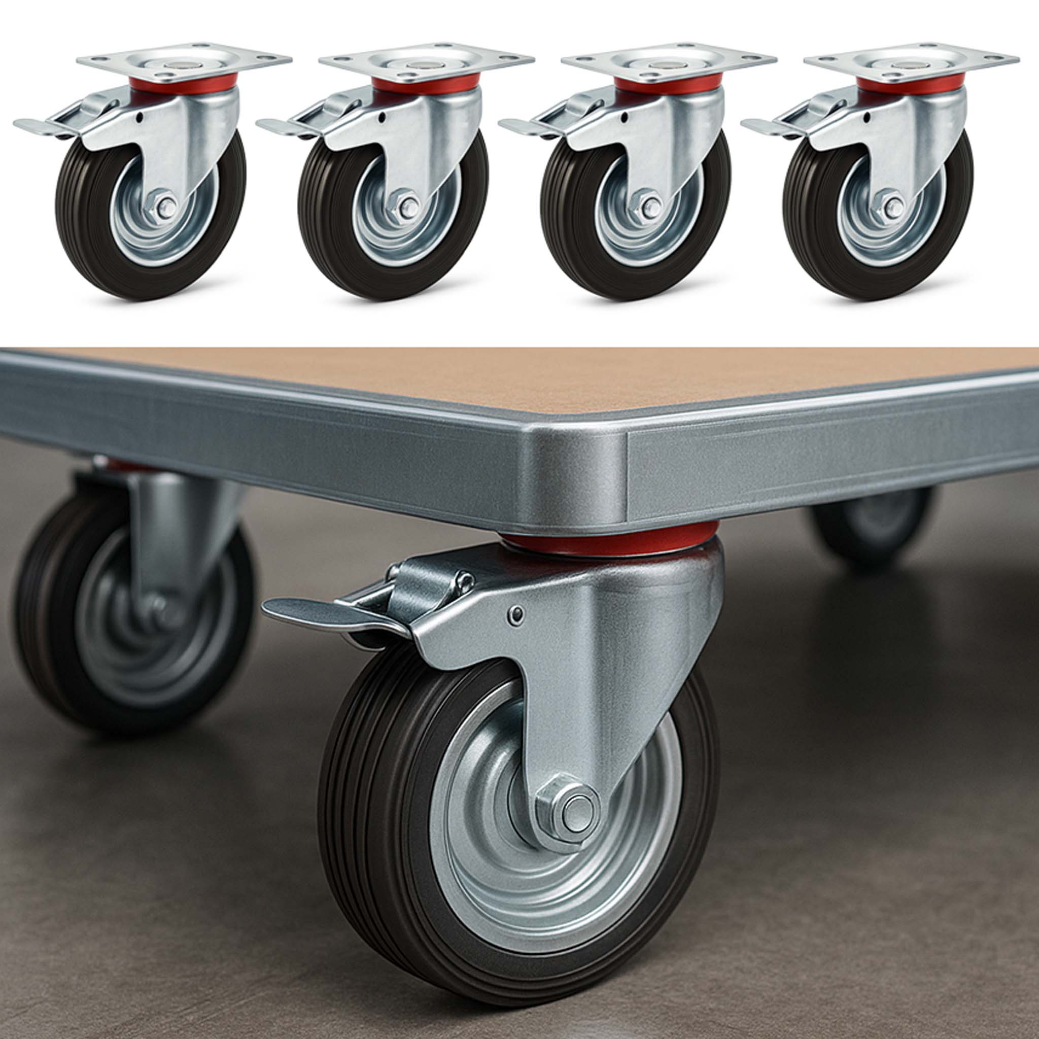 Set 4 ruote piroettanti, freno doppio blocco, Rotella 160mm max 130kg, metallo e gomma piena