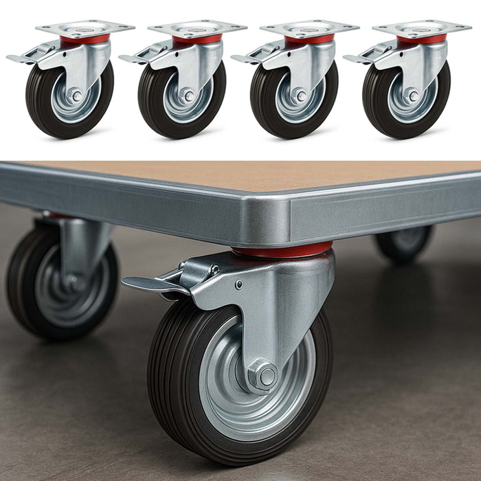 Set 4 ruote piroettanti, freno doppio blocco, Rotella 160mm max 130kg, metallo e gomma piena