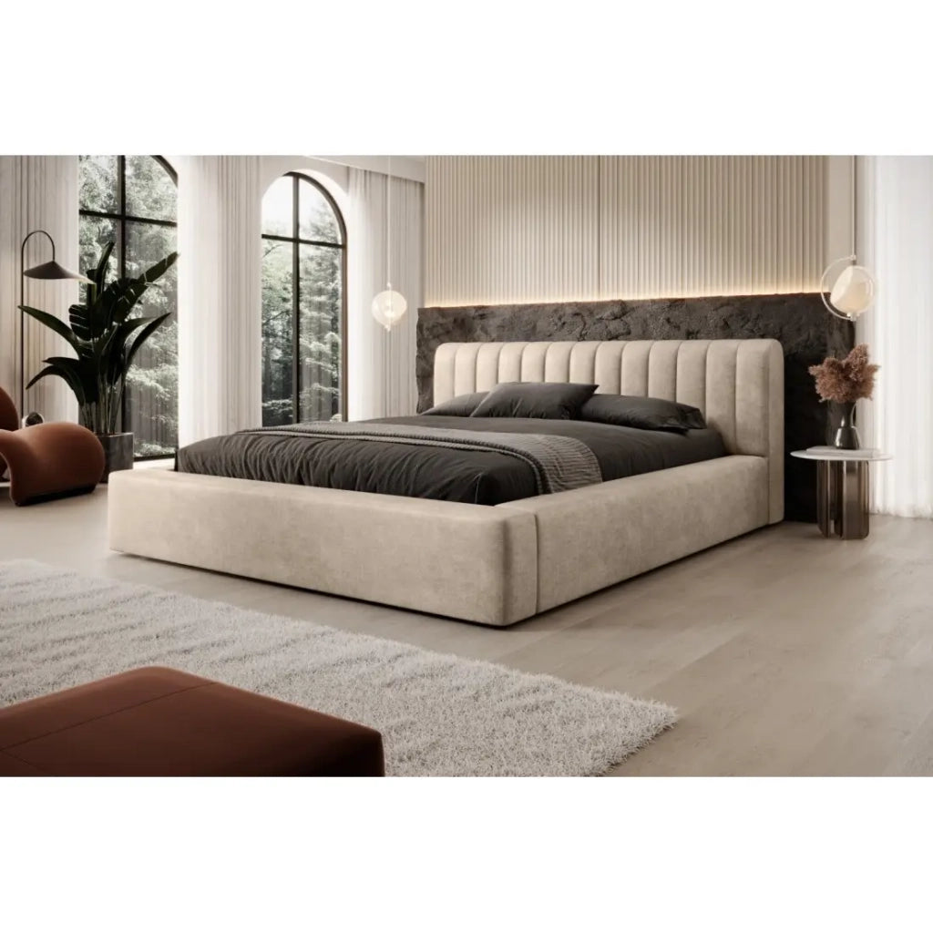 Letto contenitore CERVIN – Velluto morbido Nude Sablé – 180x200 cm – Rete sollevabile – Design elegante