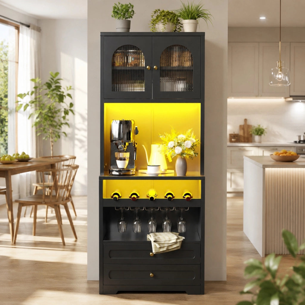 Mobile alto da cucina nero con LED smart, portabottiglie e USB