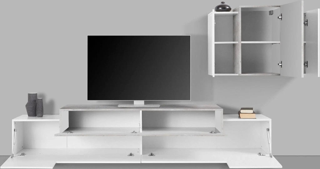 Soggiorno Coro: Porta TV + Pensile Bianco Lucido in Stile Cemento