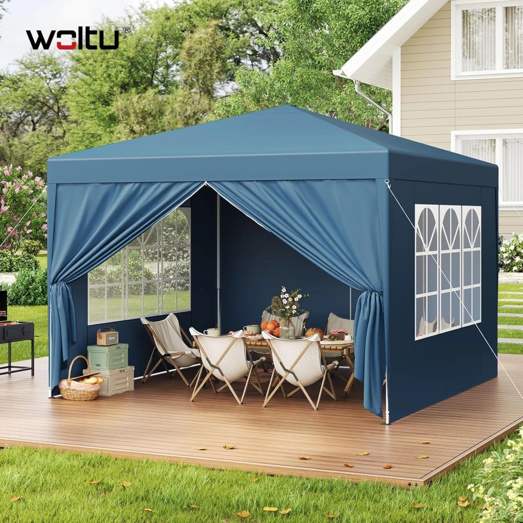 Gazebo da Giardino Richiudibile 3x3m Gazebo da Esterno Ferro Regolabile in Altezza Tendone Pieghevole con Telo Idrorepellente, Protezione Solare, Facile Montare Blu