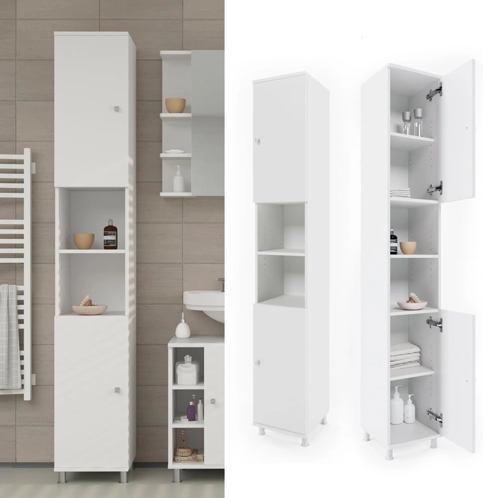 Mobile bagno alto Fynn, Bianco, 30 x 190 cm, per la conservazione di articoli da bagno e asciugamani