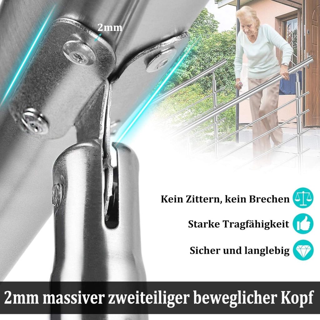 Corrimano per scale in acciaio inox, per esterni, 160 cm, parapetto con 2 montanti, per interni ed esterni, 5 barre trasversali