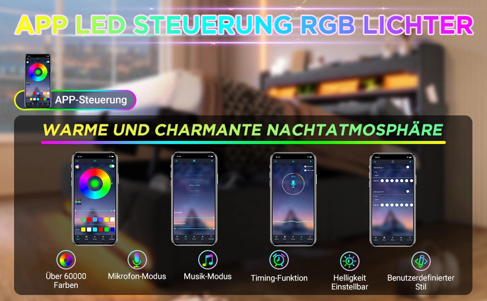 DESMIU Letto contenitore 140 × 200 cm 2 posti con LED, USB e Type-C, vano idraulico, senza materasso, grigio
