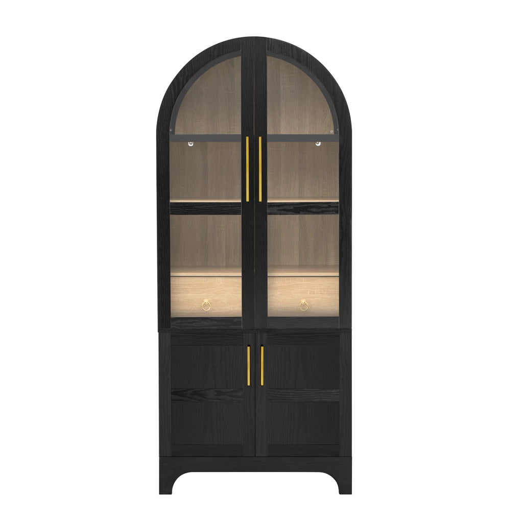 Credenza Alta Nera 180 cm con Ante in Vetro Cannelé; Ripiani Regolabili e Cassetto Portaoggetti per Cucina
