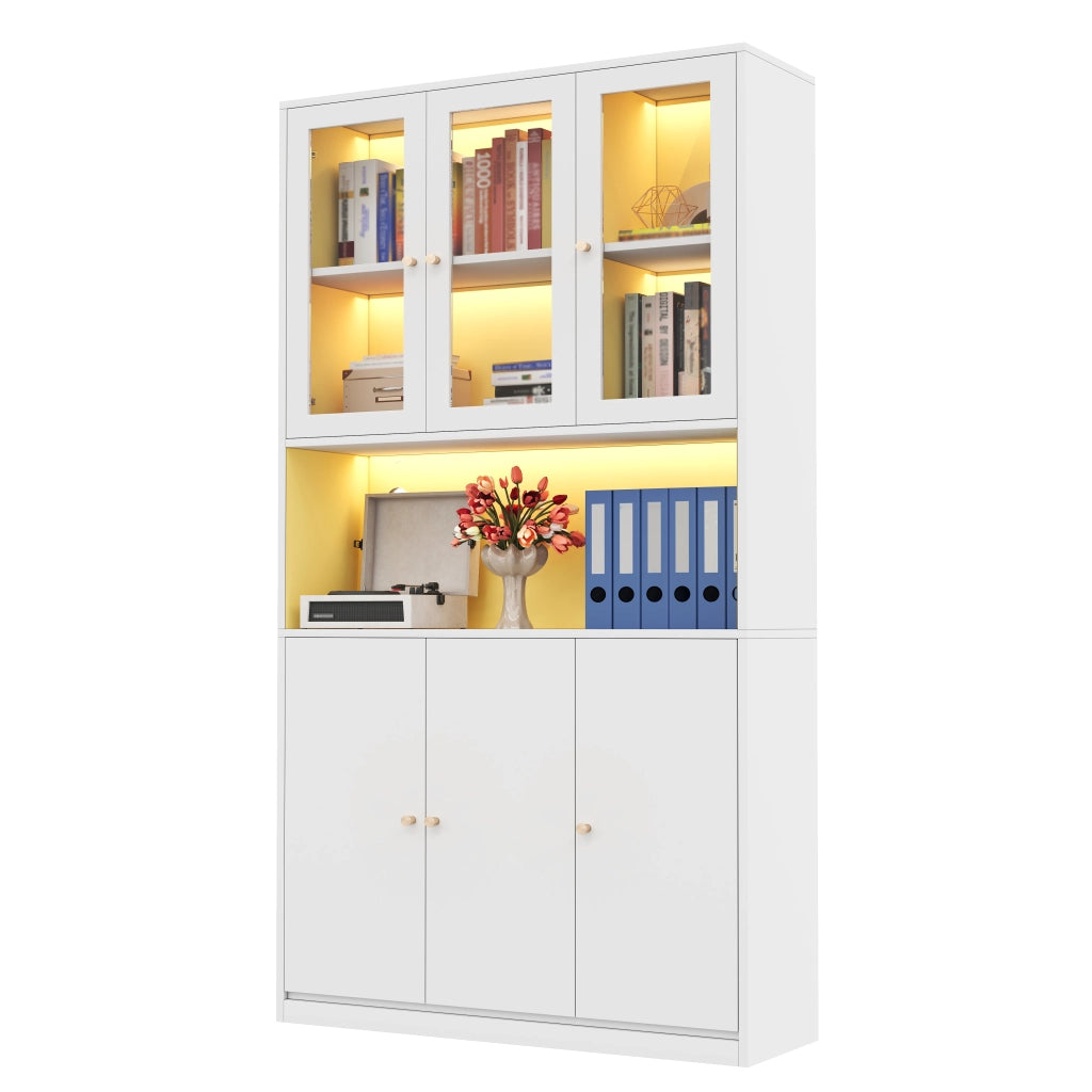Libreria alta 100×35×200 cm con vetrina in vetro, LED multicolore, vani aperti e 3 ante, bianco