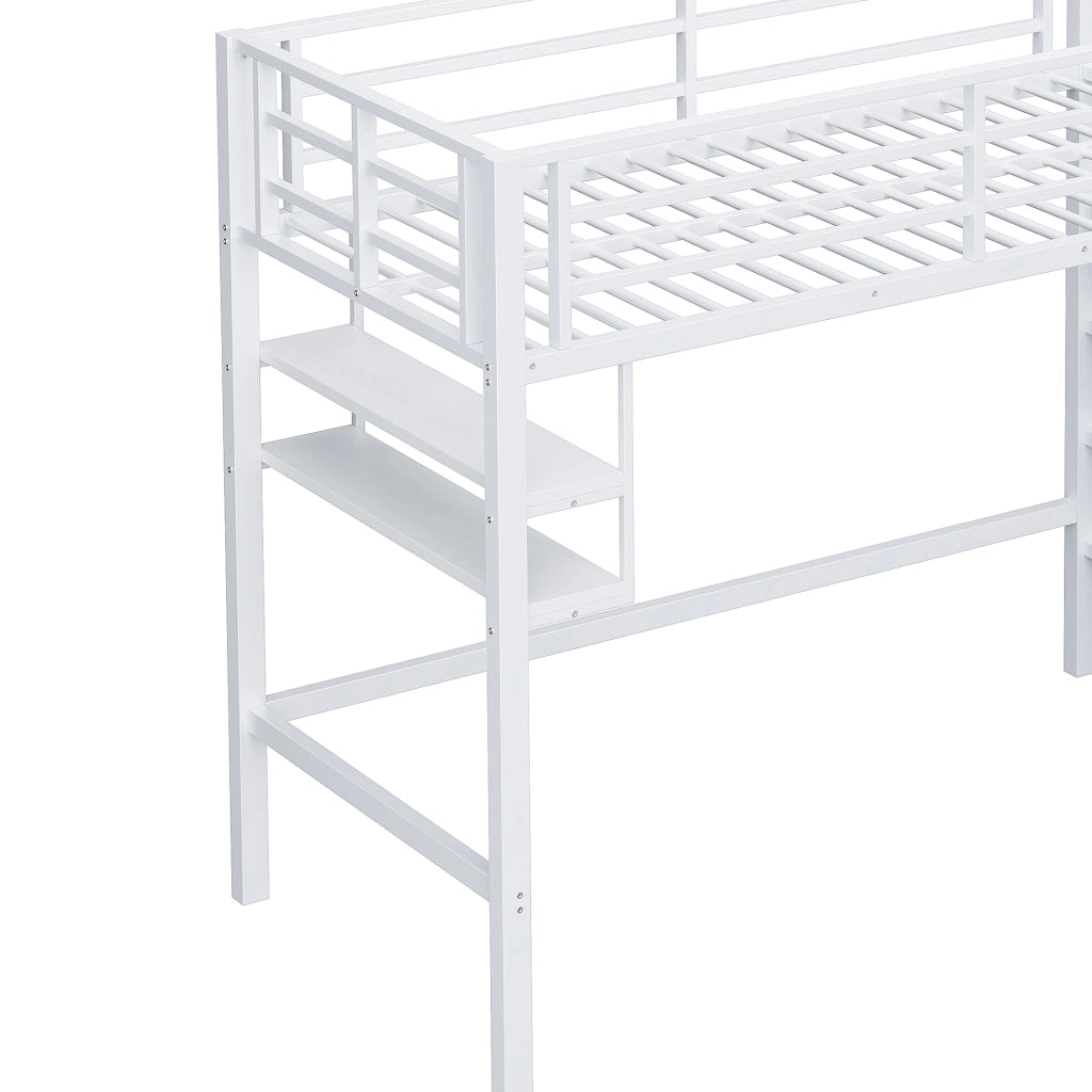 OKWISH Letto a soppalco 90×200 cm, Letto Singolo con Mensole, Scala con Contenitore e Sponda, senza Materasso, in Metallo, Bianco