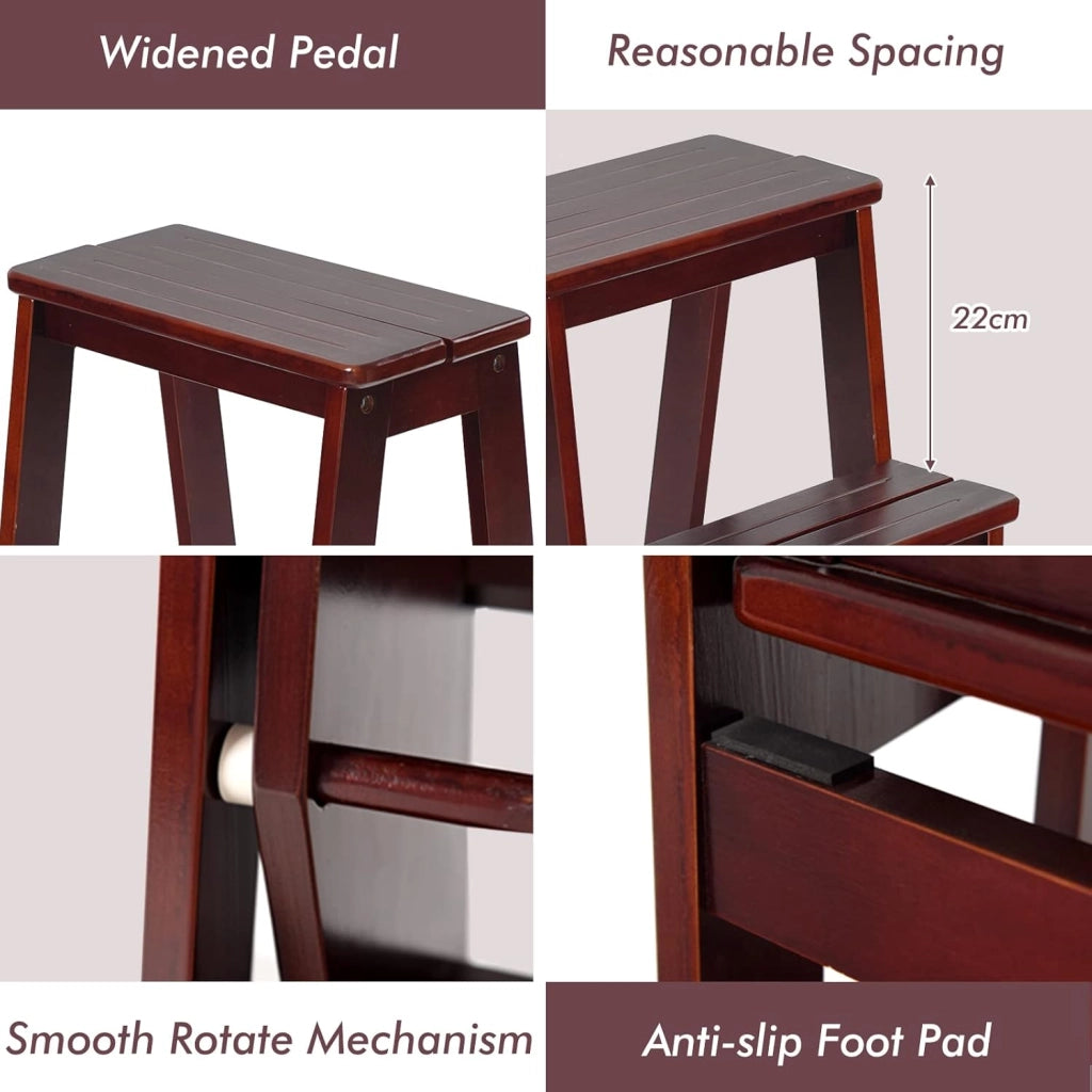 2 in 1 Scaletta e Sgabello Legno, Sgabello Scala Pieghevole, a 3 Gradini, Portata di 150 kg, Richiudibile e Salvaspazio, Ideale per Soggiorno/Studio/Ufficio, 38,5x57x66 cm, 2 Colori