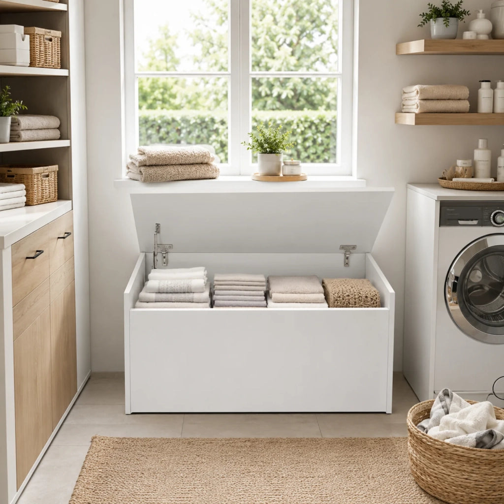Cassapanca Contenitore Bianca con Coperchio Soft Close | Panca Ingresso Salvaspazio con Ampio Vano Interno | Baule Multiuso Moderno 90x45x45 cm