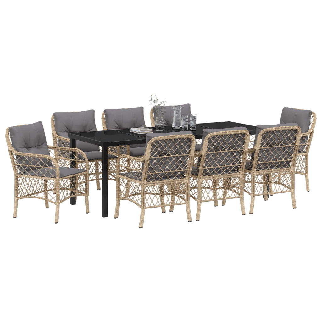 Set da pranzo da giardino 9 pezzi con cuscini beige in polyrattan