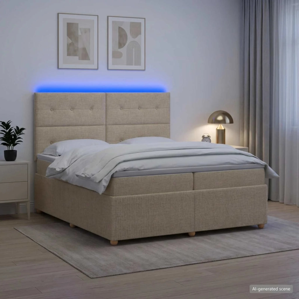 Letto Box Spring LED con Materasso Crema 200 x 200 cm Tessuto 3455942